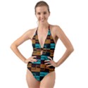 Illusion in Orange & Teal Halter Cut-Out One Piece Swimsuit View1