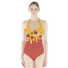 Pizza Topping Funny Modern Yellow Melting Cheese And Pepperonis Halter Swimsuit by genx