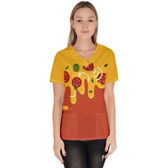 Pizza Topping Funny Modern Yellow Melting Cheese And Pepperonis Women s V-neck Scrub Top by genx