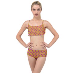 Pink Stars Pattern On Yellow Layered Top Bikini Set by BrightVibesDesign