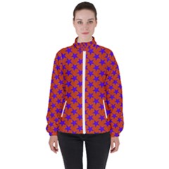 Purple Stars Pattern On Orange Women s High Neck Windbreaker by BrightVibesDesign