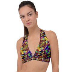 Color Mosaic Background Wall Halter Plunge Bikini Top by Pakrebo