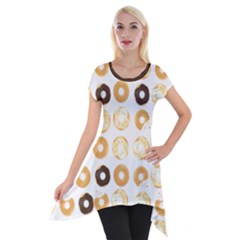 Donuts Pattern With Bites Bright Pastel Blue And Brown Cropped Sweatshirt Short Sleeve Side Drop Tunic by genx