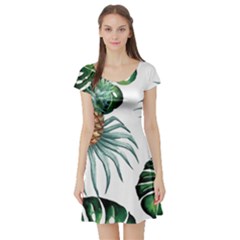 Pineapple Tropical Jungle Giant Green Leaf Watercolor Pattern Short Sleeve Skater Dress by genx