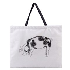 Pig Floppy Ears Hand Drawn With Funny Cow Spots Black And White Zipper Large Tote Bag by genx