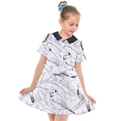 Birds Hand Drawn Outline Black And White Vintage Ink Kids  Short Sleeve Shirt Dress by genx