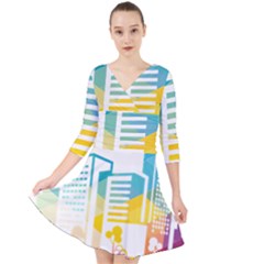 Silhouette Cityscape Building Icon Color City Quarter Sleeve Front Wrap Dress by Sudhe