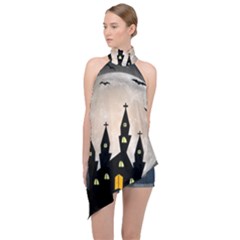 Halloween Illustration Decoration Halter Asymmetric Satin Top by Pakrebo