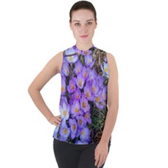 Signs Of Spring Purple Crocua Mock Neck Chiffon Sleeveless Top by Riverwoman