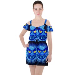 Monster Blue Attack Ruffle Cut Out Chiffon Playsuit by HermanTelo