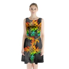 Smoke Rainbow Abstract Fractal Sleeveless Waist Tie Chiffon Dress by HermanTelo