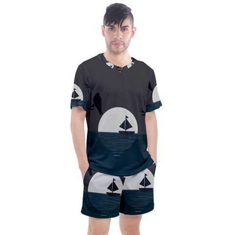 Birds Moon Moonlight Tree Animal Men s Mesh Tee And Shorts Set by HermanTelo