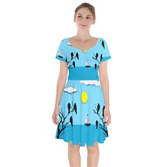 Birds Sun Tree Animal Black Tree Short Sleeve Bardot Dress by HermanTelo