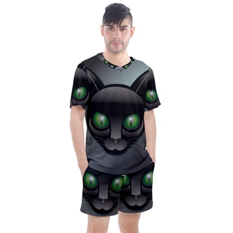 Green Eyes Kitty Cat Men s Mesh Tee And Shorts Set by HermanTelo