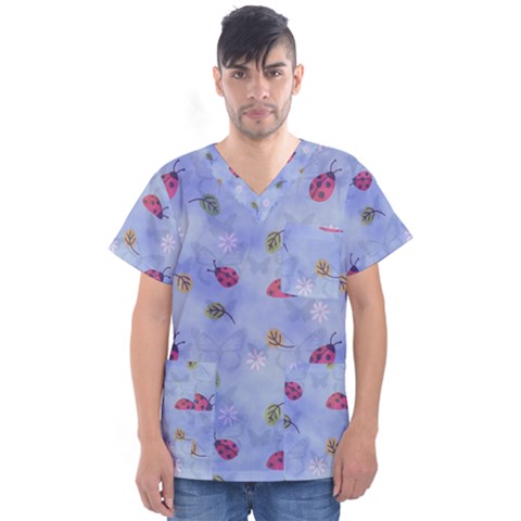 Ladybug Blue Nature Men s V-neck Scrub Top by HermanTelo