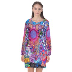 Red Flower Abstract  Long Sleeve Chiffon Shift Dress  by okhismakingart