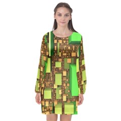 Blocks Cubes Green Long Sleeve Chiffon Shift Dress  by HermanTelo