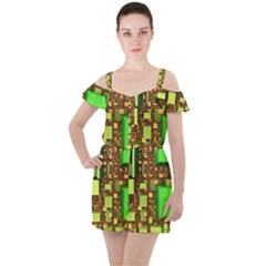 Blocks Cubes Green Ruffle Cut Out Chiffon Playsuit by HermanTelo