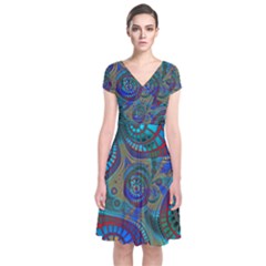 Fractal Abstract Line Wave Short Sleeve Front Wrap Dress by HermanTelo