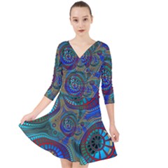 Fractal Abstract Line Wave Quarter Sleeve Front Wrap Dress by HermanTelo