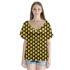 Pattern Halloween Pumpkin Color Yellow V-neck Flutter Sleeve Top by HermanTelo