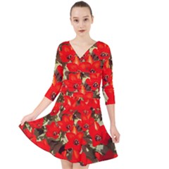 Columbus Commons Red Tulips Quarter Sleeve Front Wrap Dress by Riverwoman