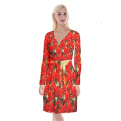 Columbus Commons Red Tulips Long Sleeve Velvet Front Wrap Dress by Riverwoman