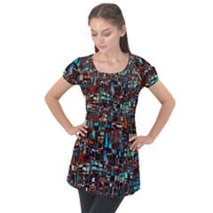 Stained Glass Mosaic Abstract Puff Sleeve Tunic Top by Sapixe