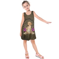 Cute Little Puppy With Flowers Kids  Sleeveless Dress by FantasyWorld7