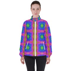 Groovy Pink Blue Yellow Square Pattern Women s High Neck Windbreaker by BrightVibesDesign