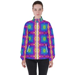 Groovy Blue Pink Yellow Square Pattern Women s High Neck Windbreaker by BrightVibesDesign