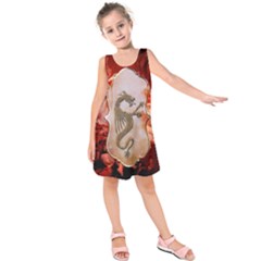 Wonderful Chinese Dragon With Flowers On The Background Kids  Sleeveless Dress by FantasyWorld7