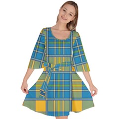 Plaid Tartan Scottish Blue Yellow Velour Kimono Dress by Nexatart