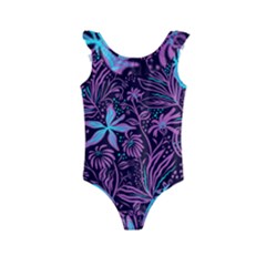 Stamping Pattern Leaves Drawing Kids  Frill Swimsuit by Pakrebo