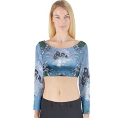 Surfboard With Dolphin Long Sleeve Crop Top by FantasyWorld7