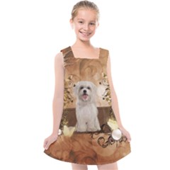 Cute Maltese Puppy With Flowers Kids  Cross Back Dress by FantasyWorld7