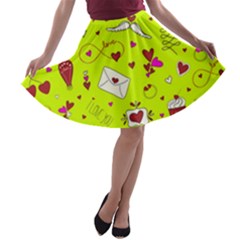 Valentin s Day Love Hearts Pattern Red Pink Green A-line Skater Skirt by EDDArt