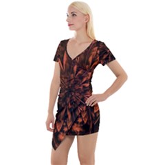 Fractal Painting Flower Texture Short Sleeve Asymmetric Mini Dress by Pakrebo