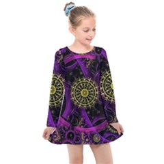 Fractal Neon Rings Geometric Kids  Long Sleeve Dress by Pakrebo