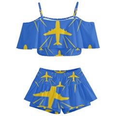 Aircraft Texture Blue Yellow Kids  Off Shoulder Skirt Bikini by Pakrebo