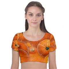 Pumpkin Halloween Fall Thanksgiving Velvet Short Sleeve Crop Top  by Pakrebo