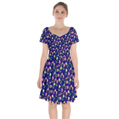 Flowers Roses Blue Short Sleeve Bardot Dress by Bajindul