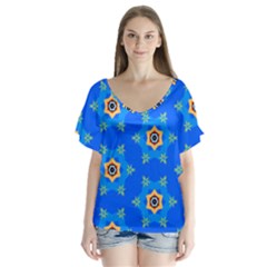 Pattern Backgrounds Blue Star V-neck Flutter Sleeve Top by HermanTelo