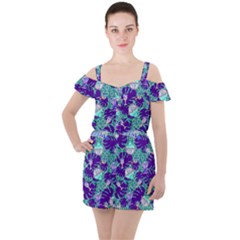 Ice Cream Tropical Pattern Blue Ruffle Cut Out Chiffon Playsuit by snowwhitegirl