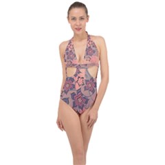 Flowers Orange Purple Warm Halter Front Plunge Swimsuit by Bajindul