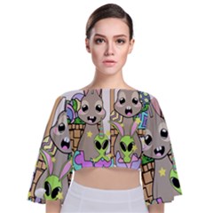 Graphic Kawaii Bunnies Tie Back Butterfly Sleeve Chiffon Top by Sudhe