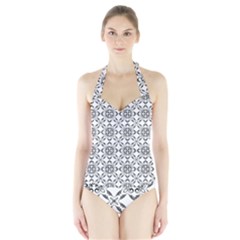 Black And White Patterned Backgroun Halter Swimsuit by designsbyamerianna