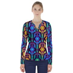 Pattern Background Bright Blue V-neck Long Sleeve Top by Simbadda