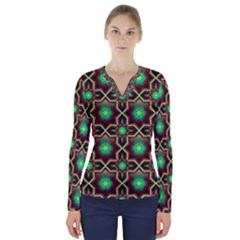 Pattern Background Bright Brown V-neck Long Sleeve Top by Simbadda