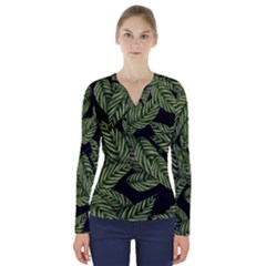 Leaves Black Background Pattern V-neck Long Sleeve Top by Simbadda